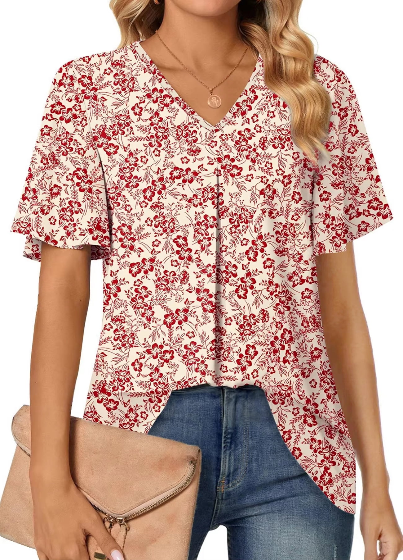 Fantaslook Women's V-Neck Short Sleeve Tunic Tops, Dressy Blouses for Casual Work, Summer Floral Tops