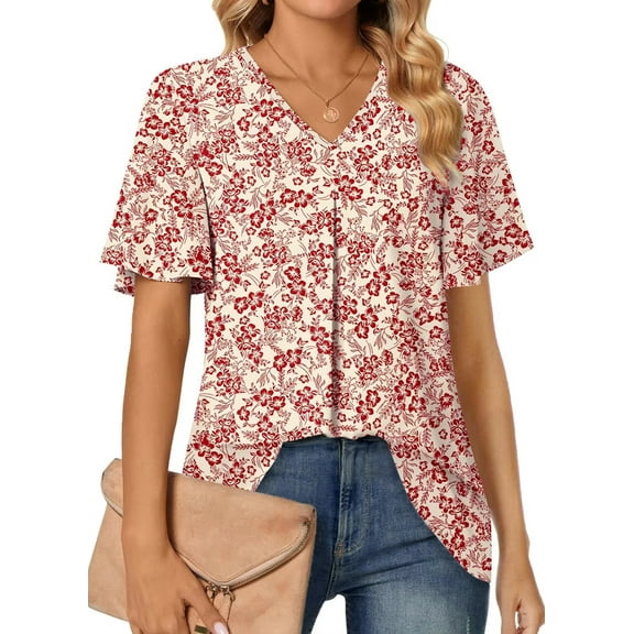 Fantaslook Womens Tops Dressy Blouses V Neck Short Sleeve Tunic Tops Casual Work Shirts