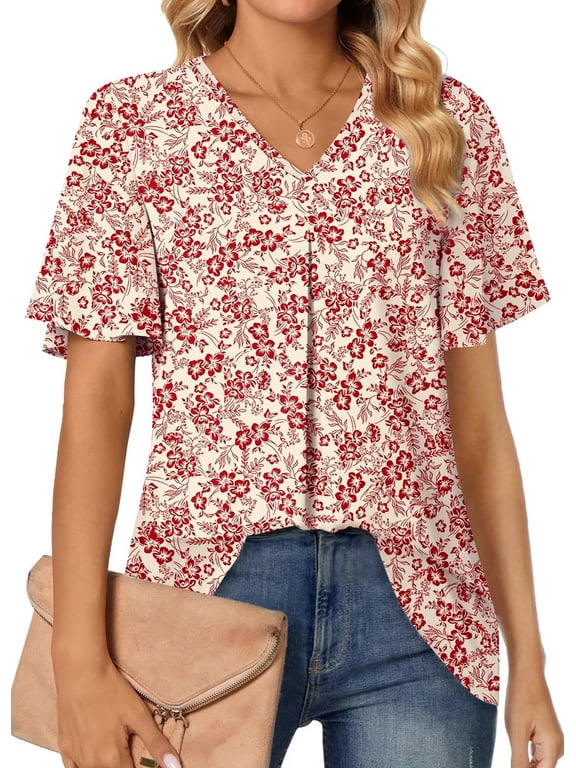 Womens Tops Dressy Blouses V Neck Short Sleeve Tunic Tops Casual Work Shirts