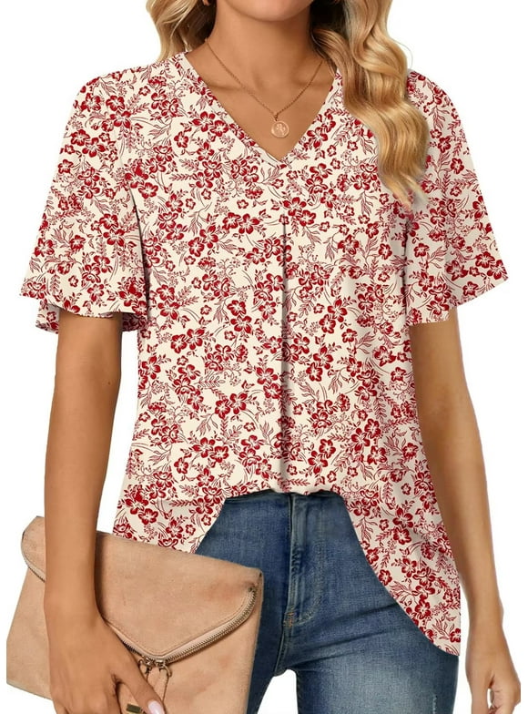 Womens Tops Dressy Blouses V Neck Short Sleeve Tunic Tops Casual Work Shirts