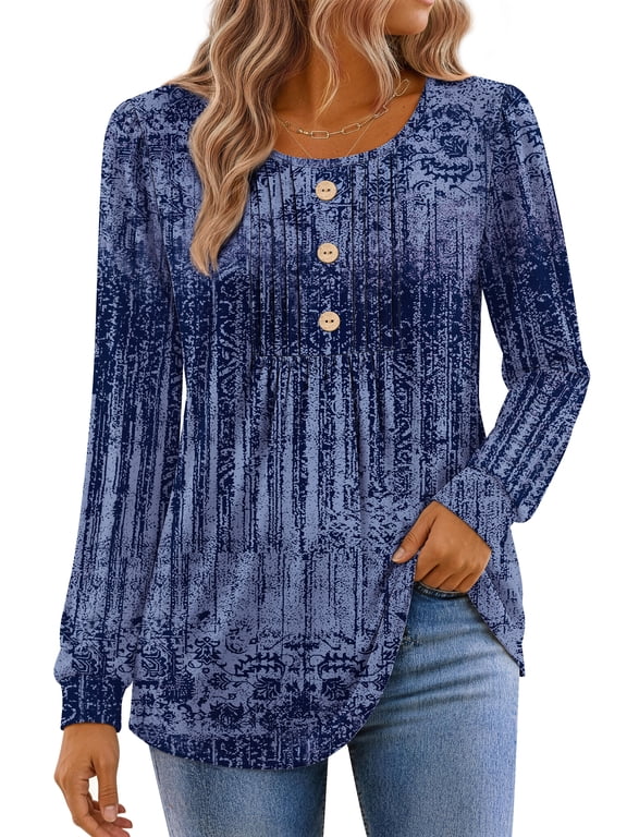 Womens Tops Dressy Casual Button Pleated Blouses Long Sleeve Shirts Fall Fashion Tunic Tops