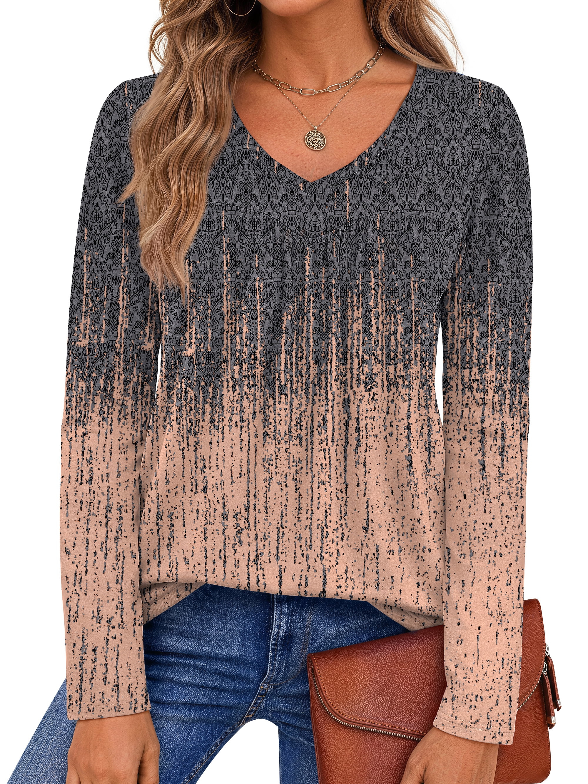 Womens Tops Dressy Casual Pleated Blouses V Neck Long Sleeve Shirts Fall Tunic Tops