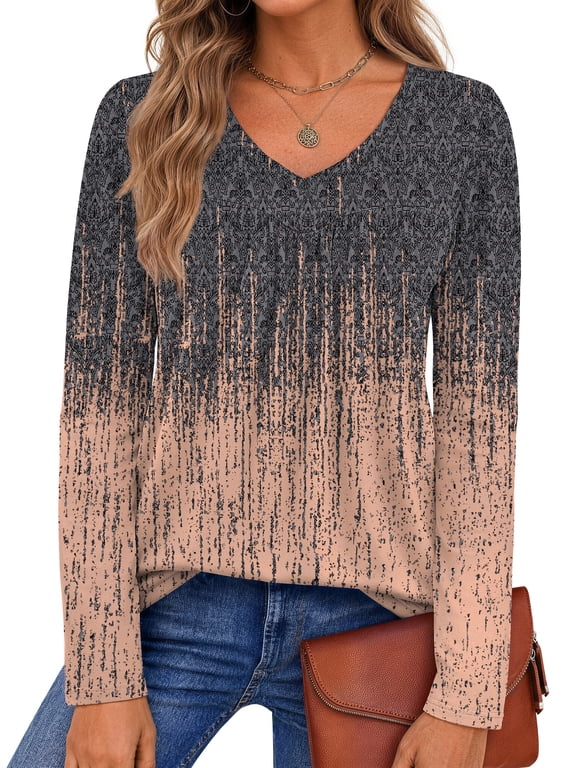 Womens Tops Dressy Casual Pleated Blouses V Neck Long Sleeve Shirts Fall Tunic Tops