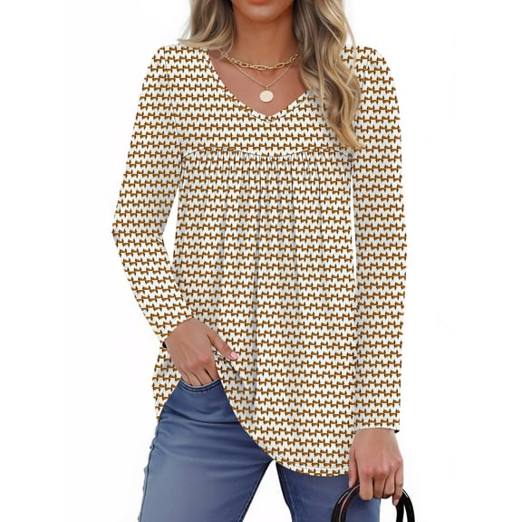 Fantaslook Womens Tops Dressy Casual Pleated Blouses V Neck Long Sleeve Shirts Fall Tunic Tops