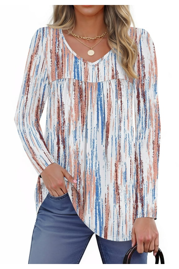 Womens Tops Dressy Casual Pleated Blouses V Neck Long Sleeve Shirts Fall Tunic Tops