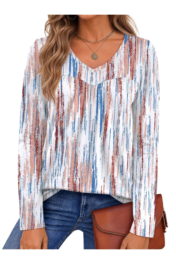 Womens Tops Dressy Casual Pleated Blouses V Neck Long Sleeve Shirts Fall Tunic Tops