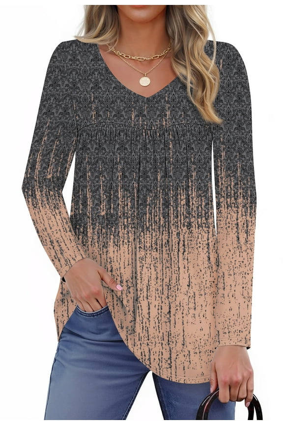 Womens Tops Dressy Casual Pleated Blouses V Neck Long Sleeve Shirts Fall Tunic Tops