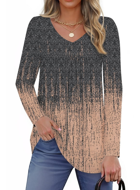 Womens Tops Dressy Casual Pleated Blouses V Neck Long Sleeve Shirts Fall Tunic Tops
