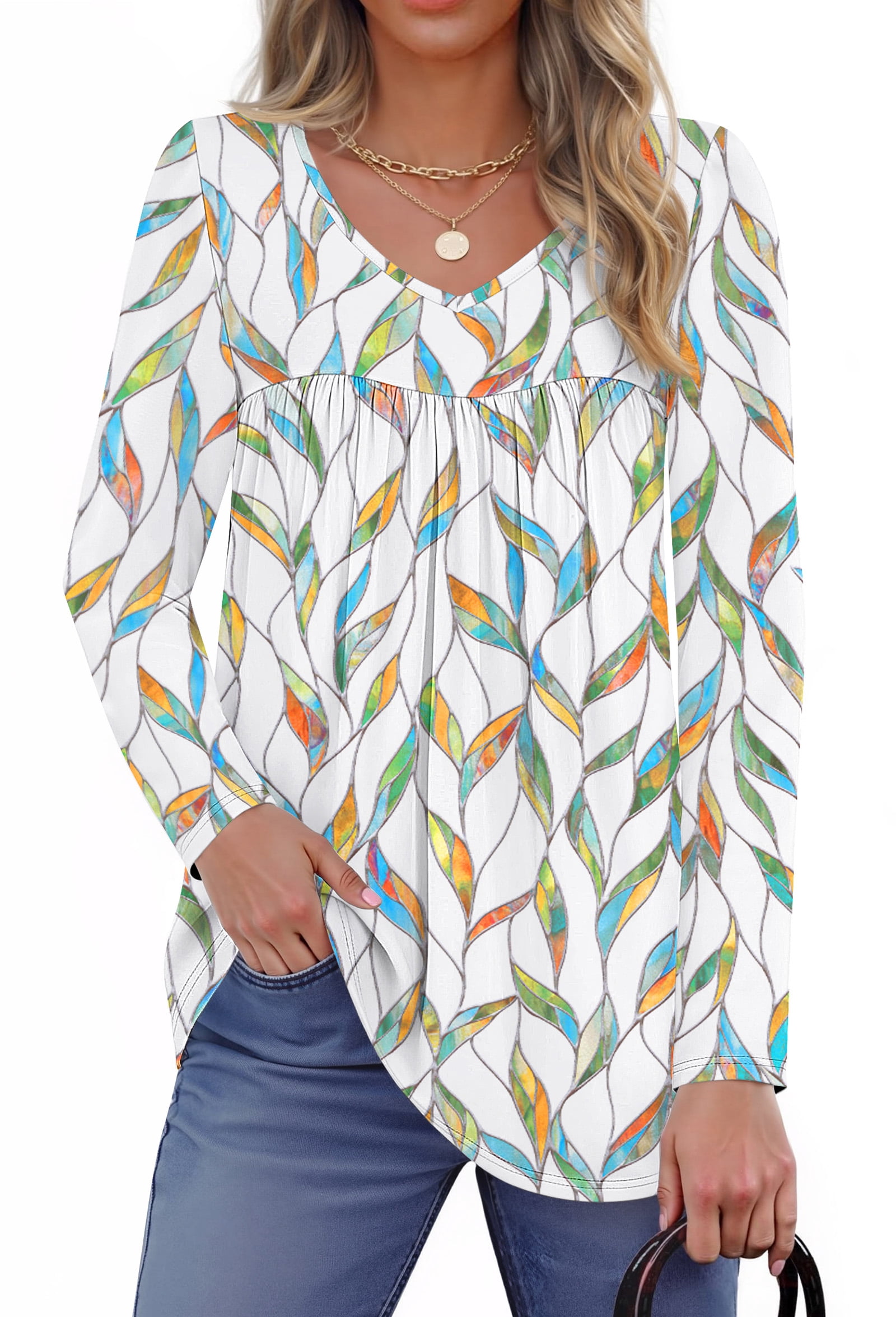 Fantaslook Womens Tops Dressy Casual Pleated Blouses V Neck Long Sleeve ...