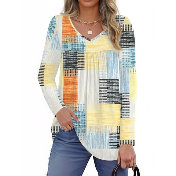 Fantaslook Womens Tops Dressy Casual Pleated Blouses V Neck Long Sleeve Shirts Fall Tunic Tops