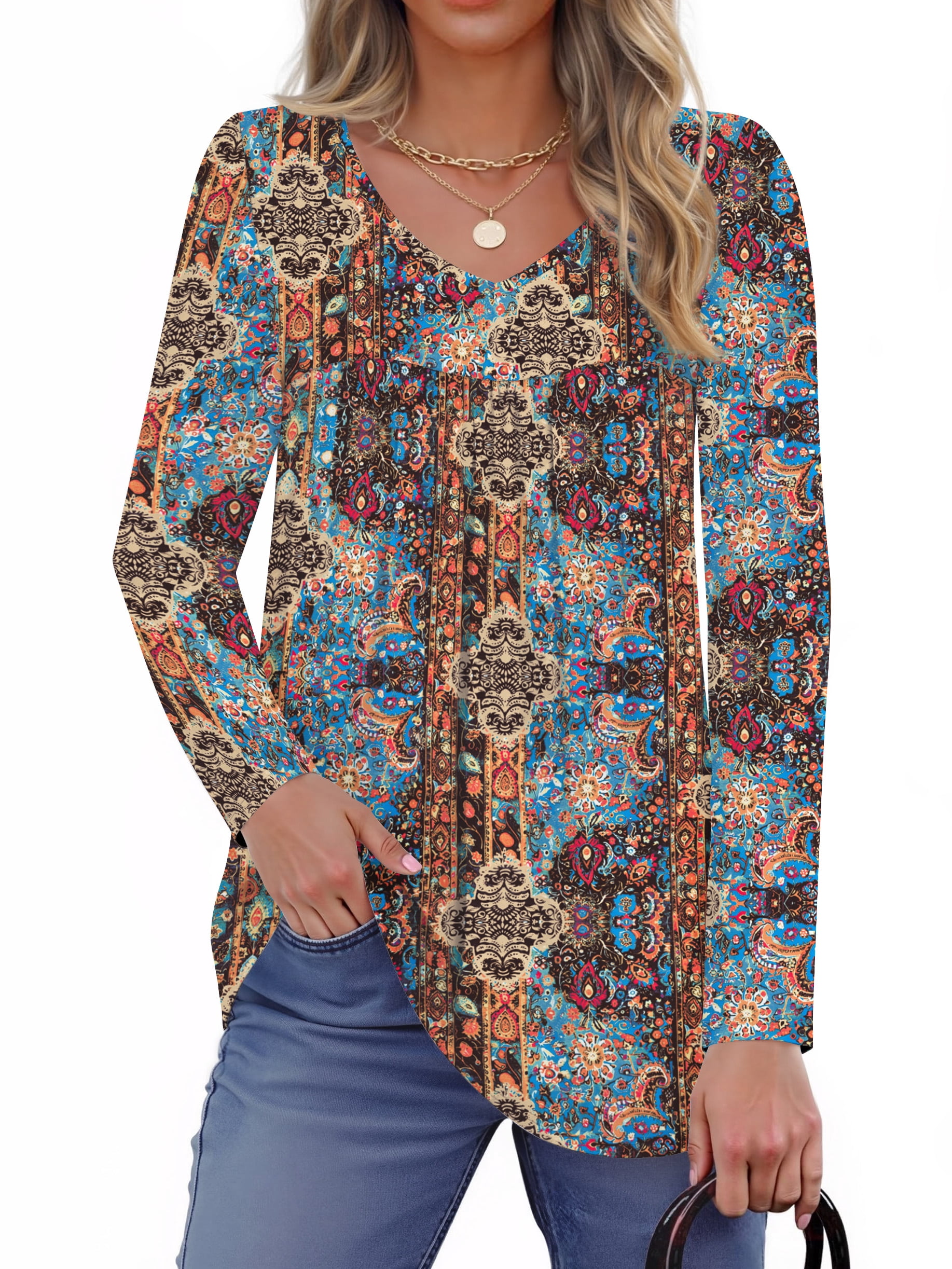 Fantaslook Womens Tops Dressy Casual Pleated Blouses V Neck Long Sleeve Shirts Fall Tunic Tops