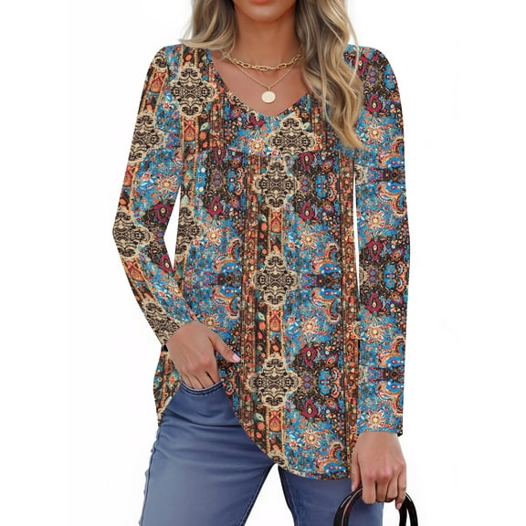 Fantaslook Womens Tops Dressy Casual Pleated Blouses V Neck Long Sleeve Shirts Fall Tunic Tops
