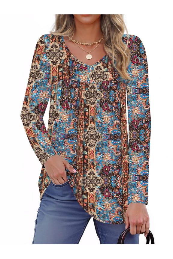 Womens Tops Dressy Casual Pleated Blouses V Neck Long Sleeve Shirts Fall Tunic Tops