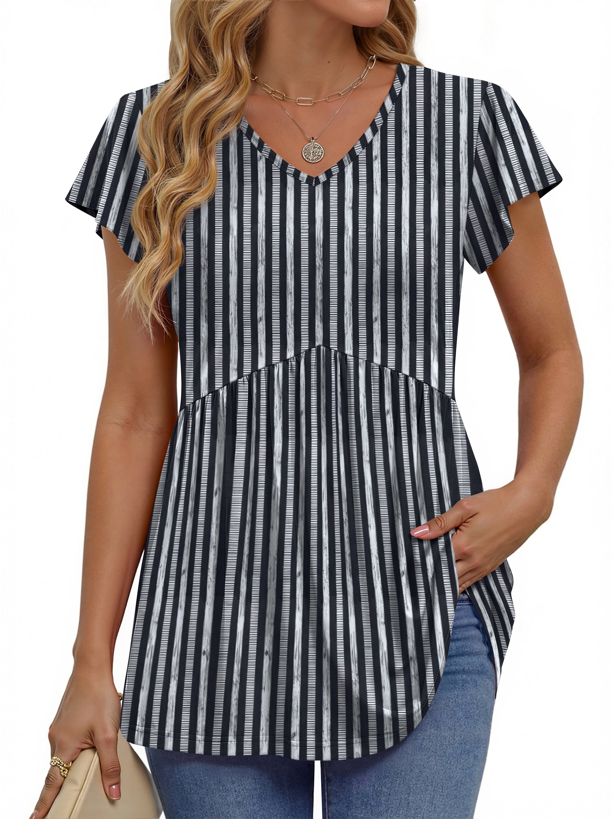 Fantaslook Womens Tops V Neck Short Sleeve Summer Shirts Babydoll Peplum Tops Tunic Dressy Casual Blouses