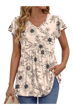 Womens Tops V Neck Short Sleeve Summer Shirts Babydoll Peplum Tops Tunic Dressy Casual Blouses