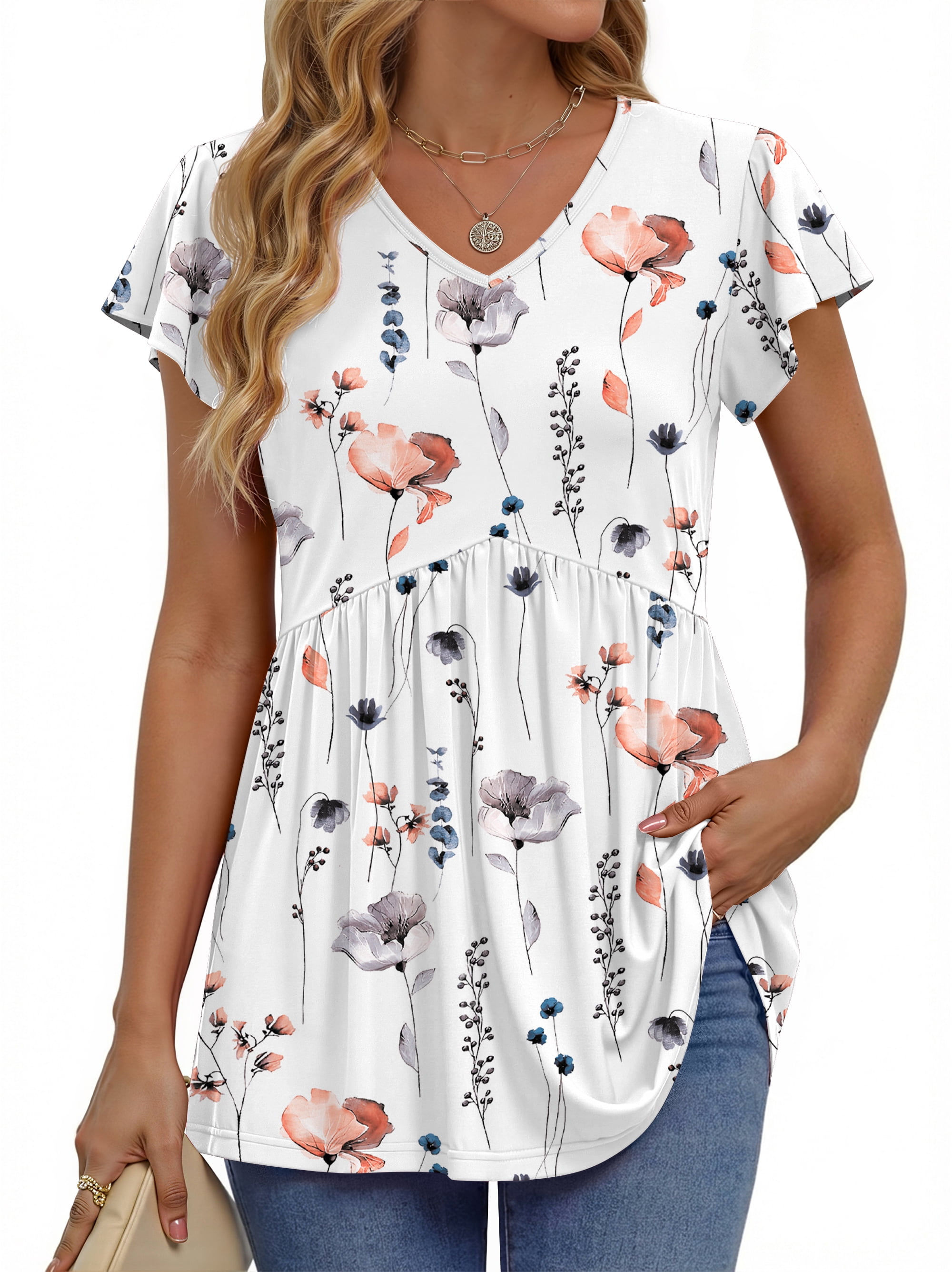 Fantaslook Womens Tops V Neck Short Sleeve Summer Shirts Babydoll ...