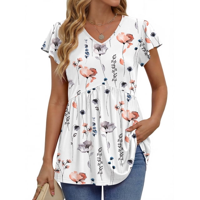 Fantaslook Womens Tops V Neck Short Sleeve Summer Shirts Babydoll Peplum Tops Tunic Dressy Casual Blouses