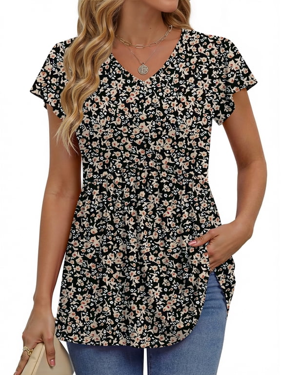 Womens Tops V Neck Short Sleeve Summer Shirts Babydoll Peplum Tops Tunic Dressy Casual Blouses