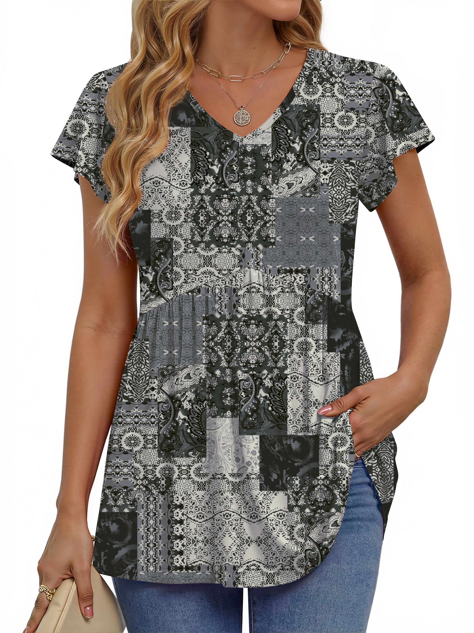 Fantaslook Womens Tops V Neck Short Sleeve Summer Shirts Babydoll ...