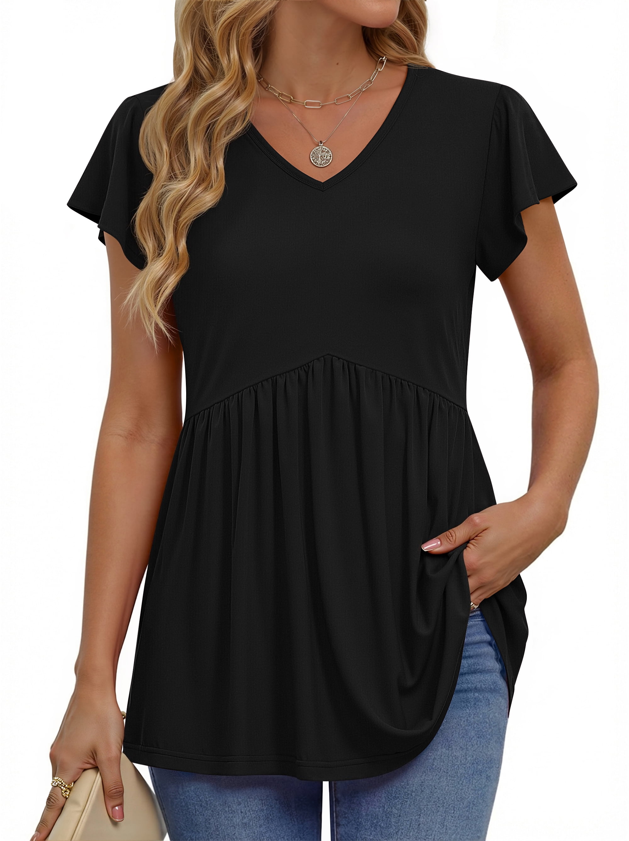 Fantaslook Womens Tops V Neck Short Sleeve Summer Shirts Babydoll Peplum Tops Tunic Dressy Casual Blouses