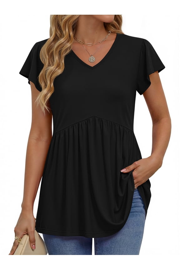 Womens Tops V Neck Short Sleeve Summer Shirts Babydoll Peplum Tops Tunic Dressy Casual Blouses