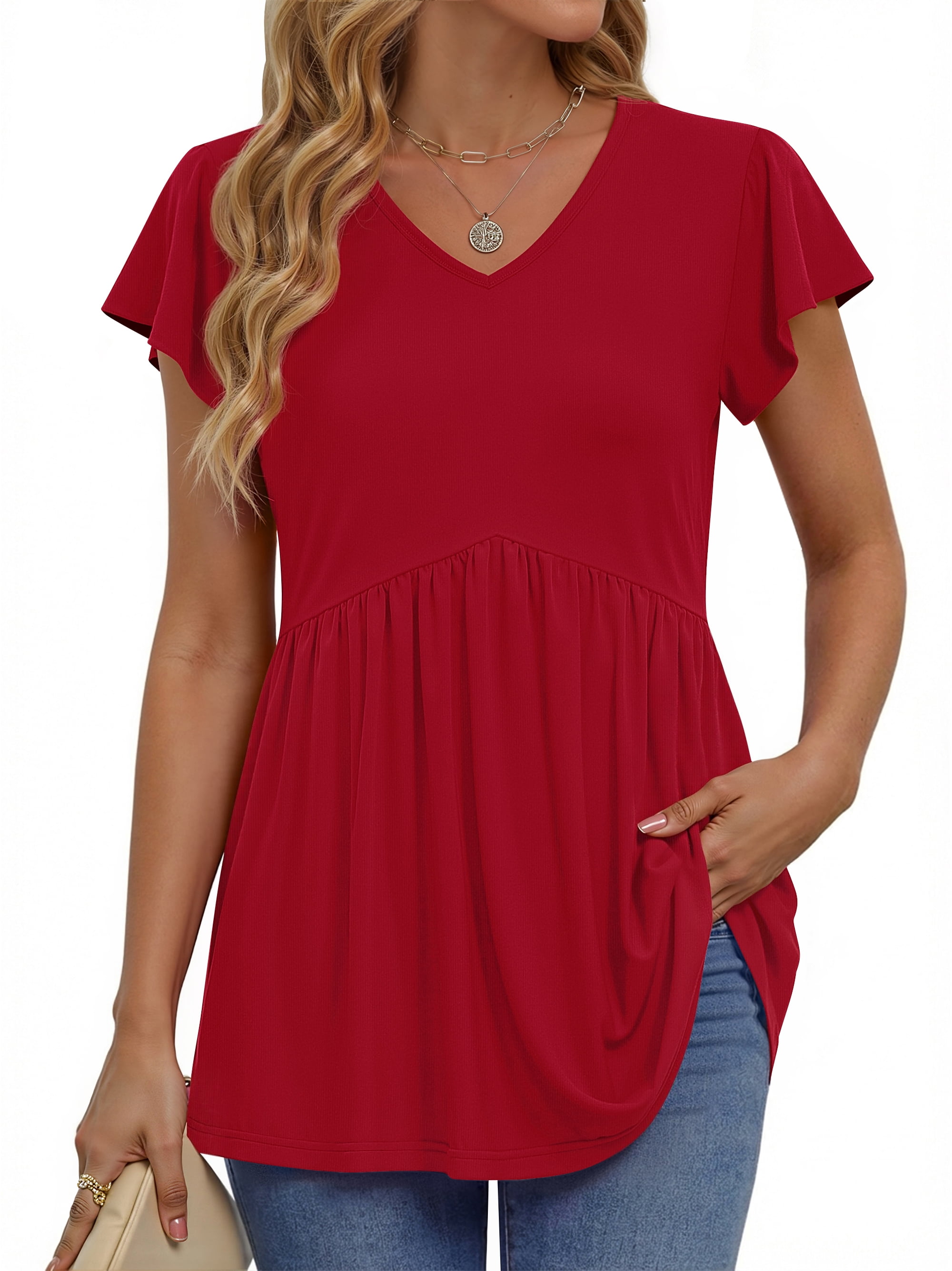 Fantaslook Womens Tops V Neck Short Sleeve Summer Shirts Babydoll ...