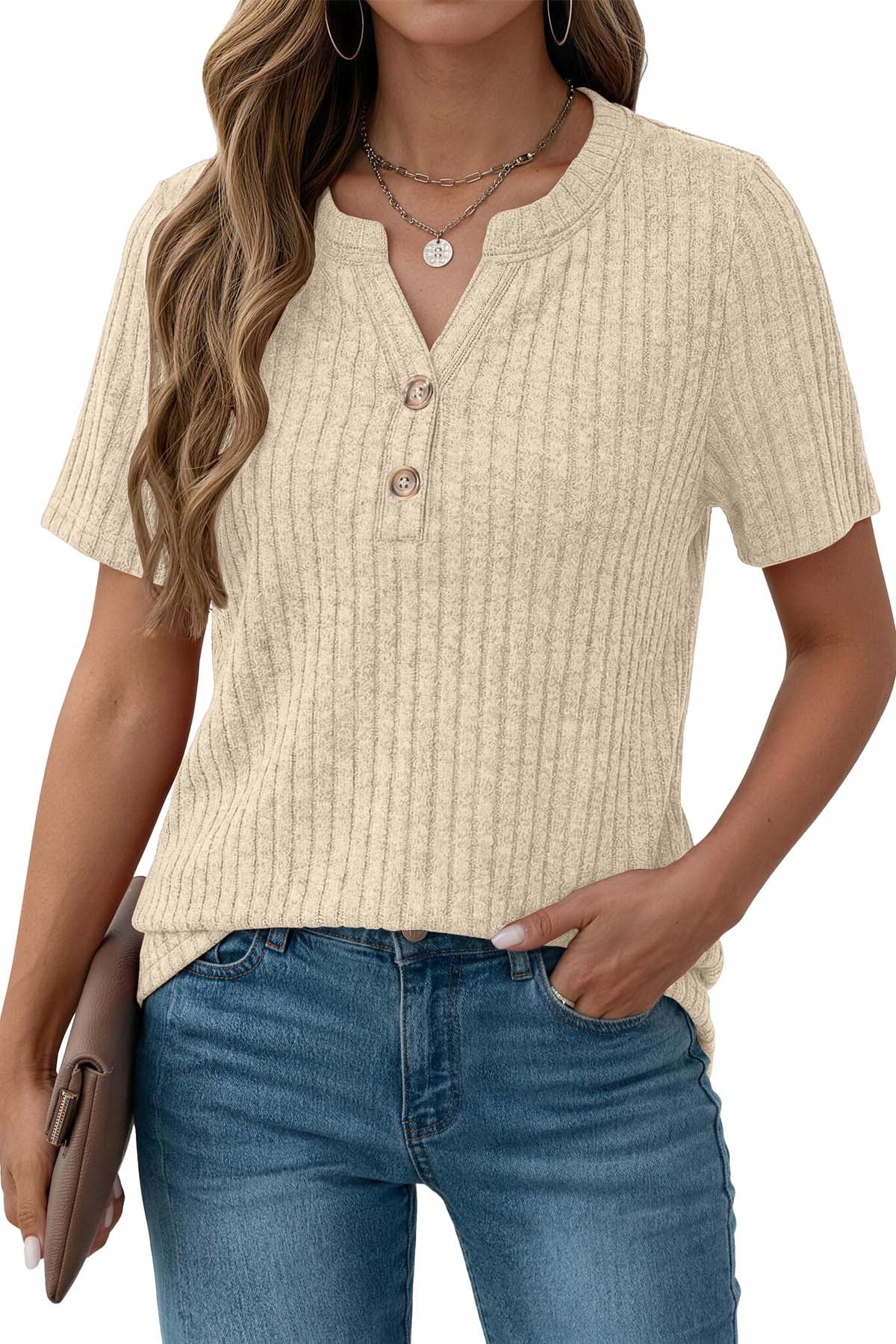 Fantaslook V Neck Tops for Women Short Sleeve Henry Shirts with Button Dressy Casual Summer Blouses Tops