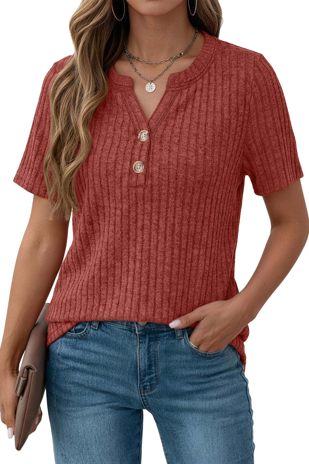 Fantaslook V Neck Tops for Women Short Sleeve Henry Shirts with Button Dressy Casual Summer Blouses Tops