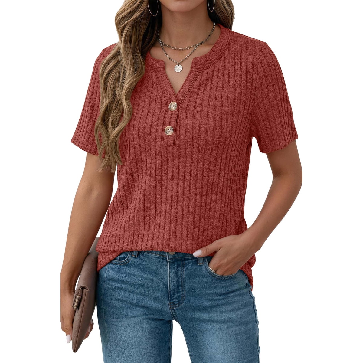 V Neck Tops for Women Short Sleeve Henry Shirts with Button Dressy Casual Summer Blouses Tops