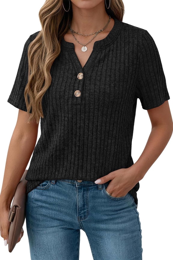 V Neck Tops for Women Short Sleeve Henry Shirts with Button Dressy Casual Summer Blouses Tops