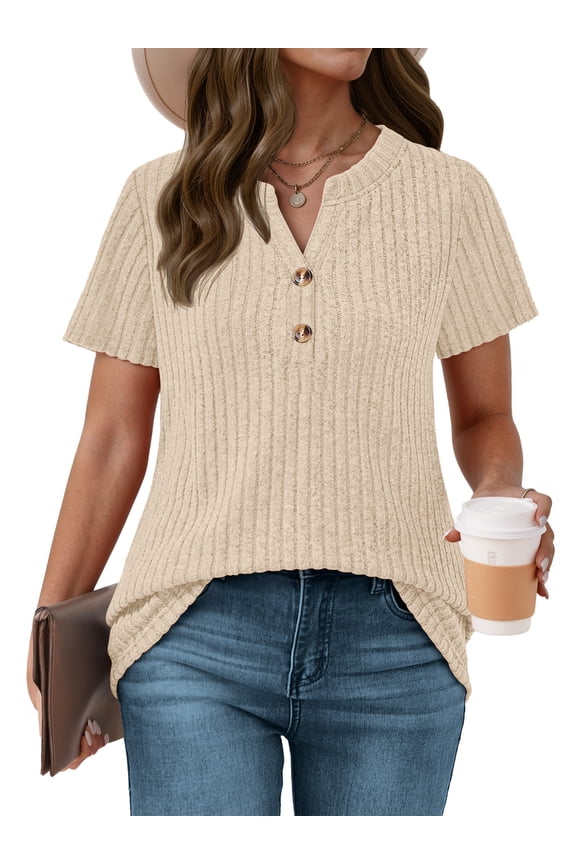 Womens Tops V Neck Short Sleeve Shirts Dressy Casual Tunic Blouses Summer Tops with Button