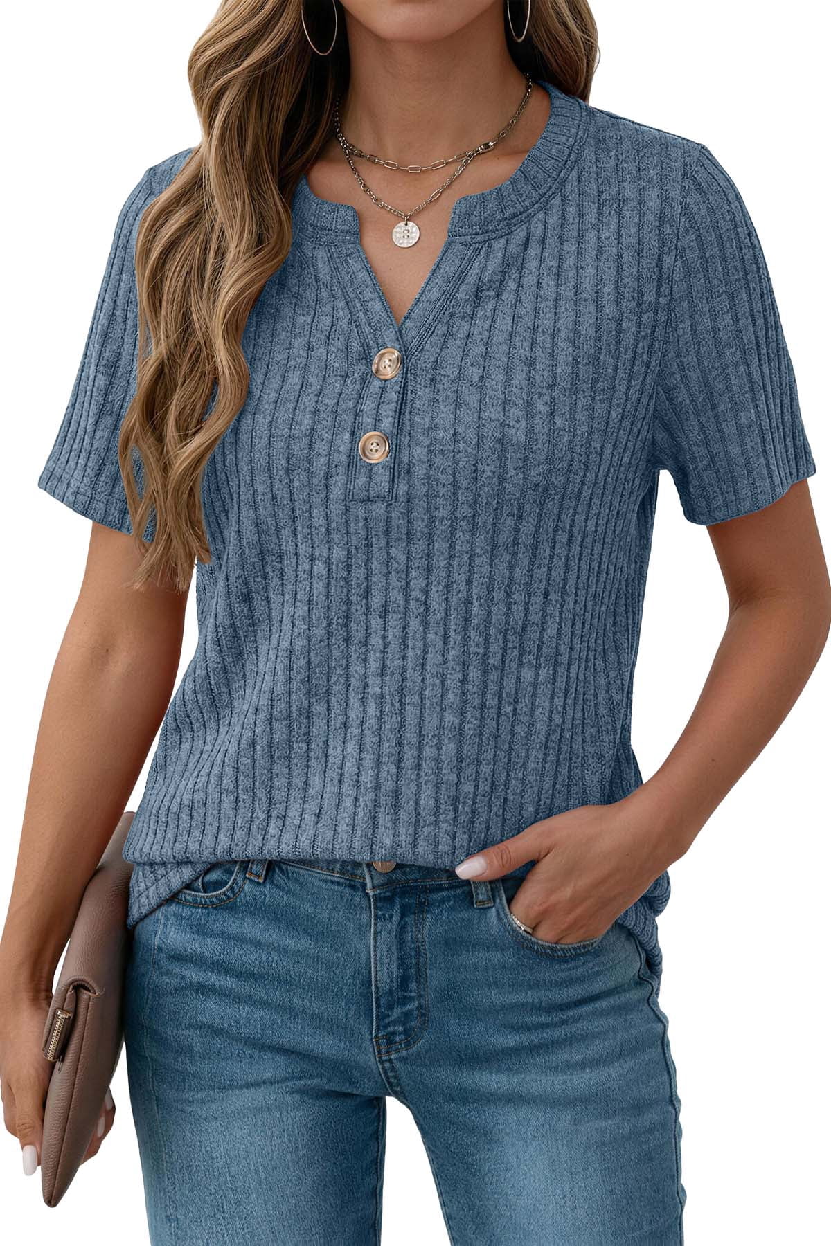 Fantaslook V Neck Tops for Women Short Sleeve Henry Shirts with Button Dressy Casual Summer Blouses Tops