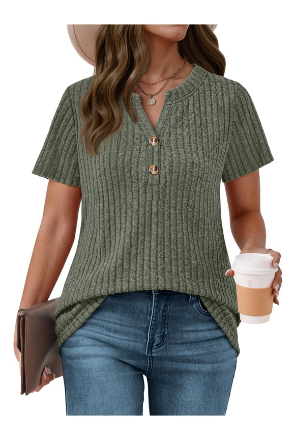 Womens Tops V Neck Short Sleeve Shirts Dressy Casual Tunic Blouses Summer Tops with Button