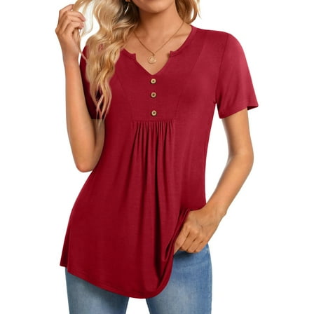 Fantaslook Womens Tunic Tops Casual Short Sleeve Shirts V Neck Button Pleated Blouses Floral Summer Tops