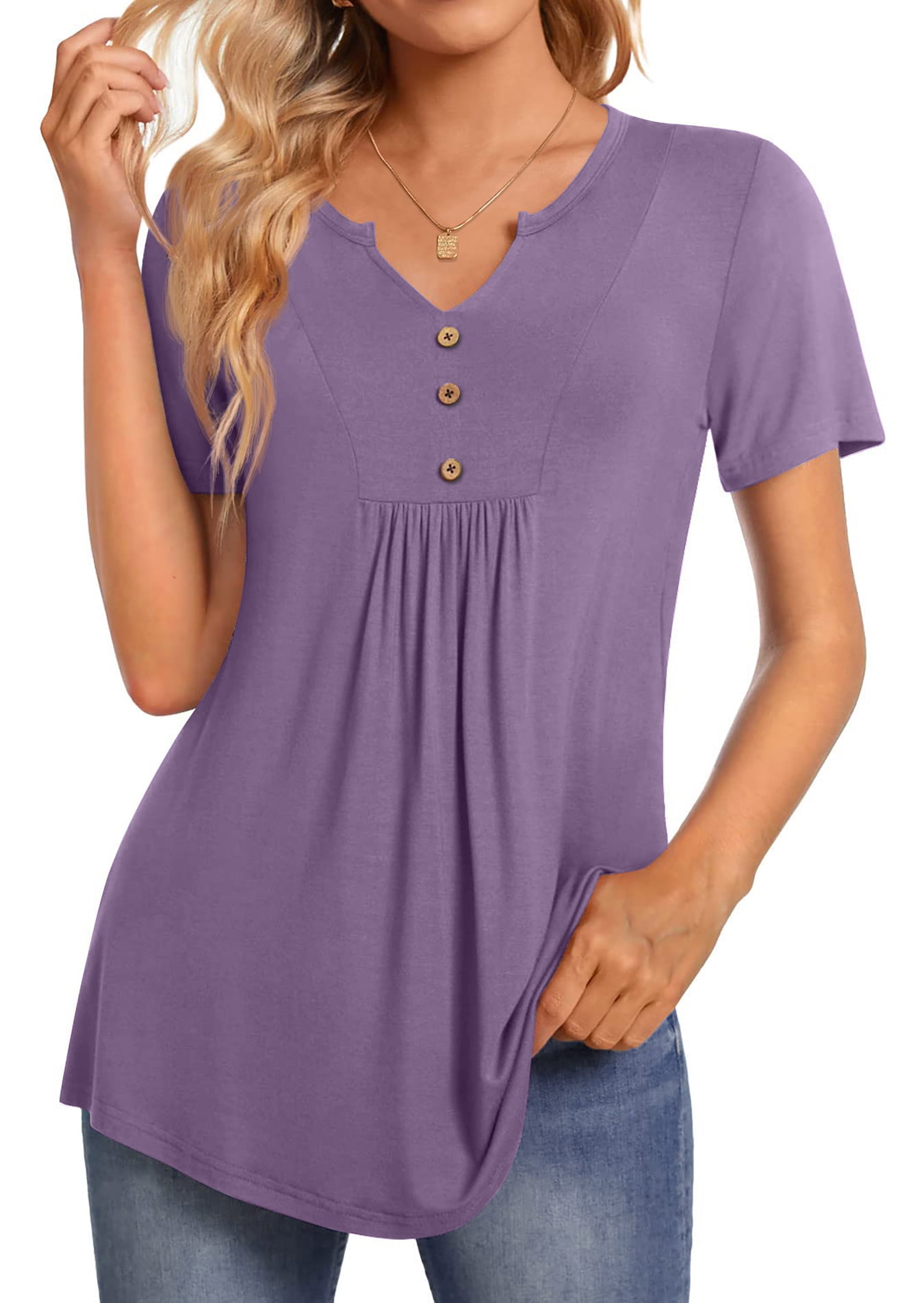 Fantaslook Womens Tunic Tops Casual Short Sleeve Shirts V Neck Button ...