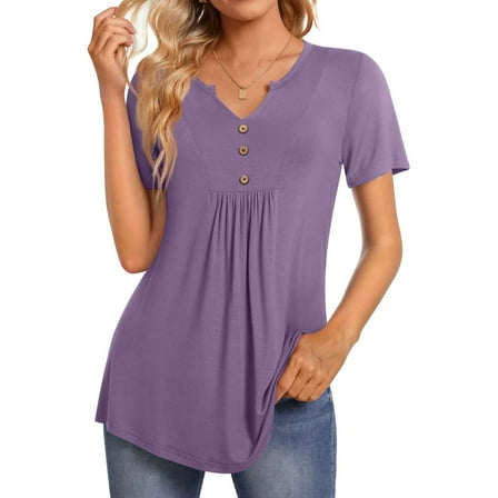 Fantaslook Womens Tunic Tops Casual Short Sleeve Shirts V Neck Button Pleated Blouses Floral Summer Tops