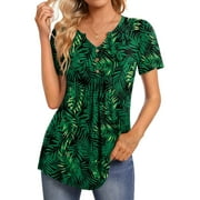 FANTASLOOK Womens Tunic Tops Casual Short Sleeve Shirts V Neck Button Pleated Blouses Floral Summer Tops