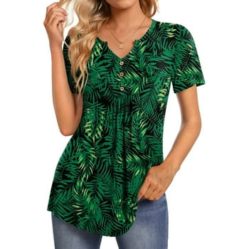 Fantaslook Womens Tunic Tops Casual Short Sleeve Shirts V Neck Button Pleated Blouses Floral Summer Tops