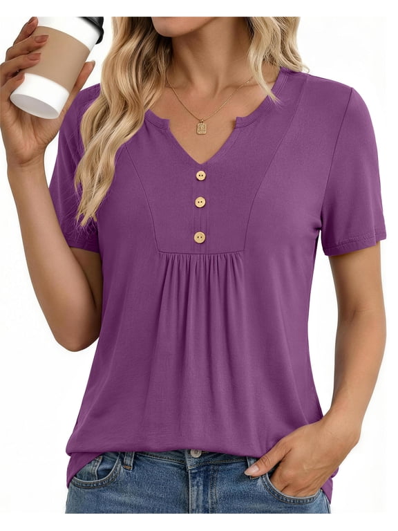 Womens Tunic Tops Casual Short Sleeve Shirts V Neck Button Pleated Blouses Floral Summer Tops