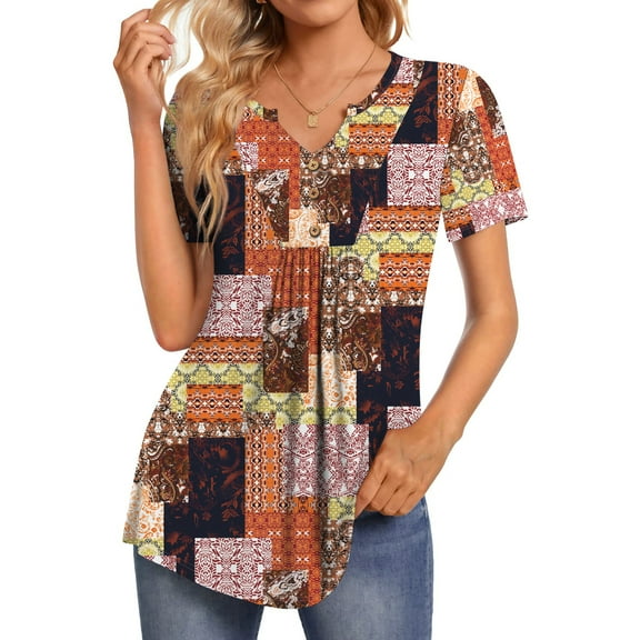 Fantaslook Womens Tunic Tops Casual Short Sleeve Shirts V Neck Button Pleated Blouses Floral Summer Tops