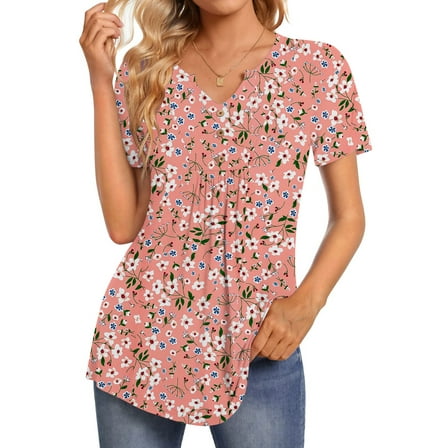 Fantaslook Womens Tunic Tops Casual Short Sleeve Shirts V Neck Button Pleated Blouses Floral Summer Tops