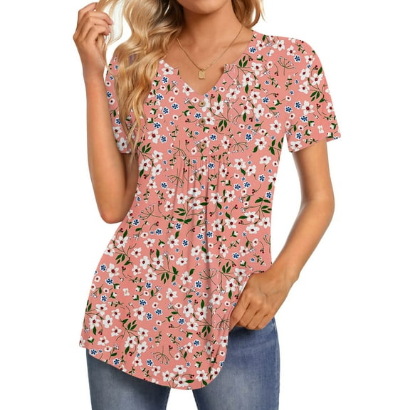 Fantaslook Womens Tunic Tops Casual Short Sleeve Shirts V Neck Button Pleated Blouses Floral Summer Tops