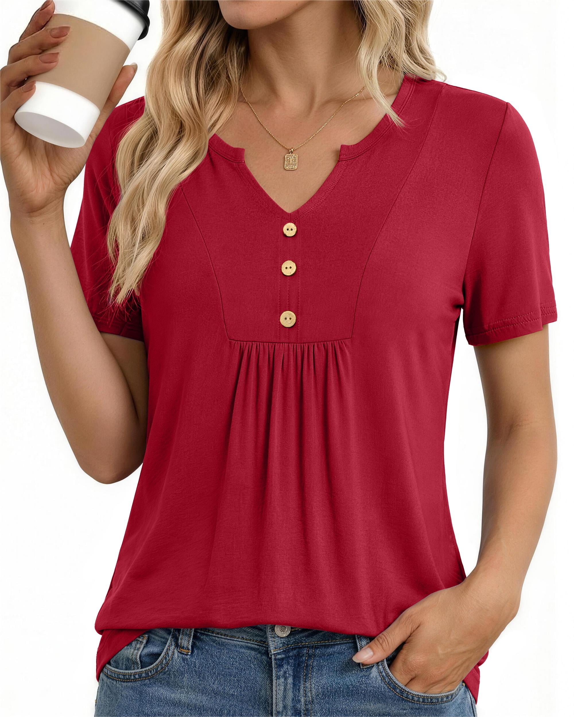 Fantaslook Womens Tunic Tops Casual Short Sleeve Shirts V Neck Button ...