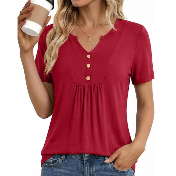 Fantaslook Womens Tunic Tops Casual Short Sleeve Shirts V Neck Button Pleated Blouses Floral Summer Tops