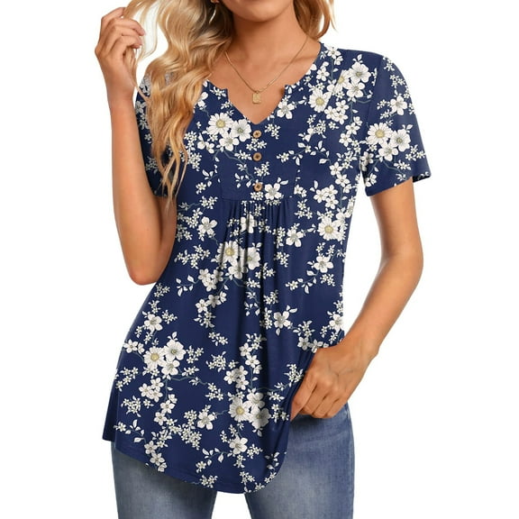 Fantaslook Womens Tunic Tops Casual Short Sleeve Shirts V Neck Button Pleated Blouses Floral Summer Tops