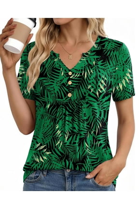 Womens Tunic Tops Casual Short Sleeve Shirts V Neck Button Pleated Blouses Floral Summer Tops