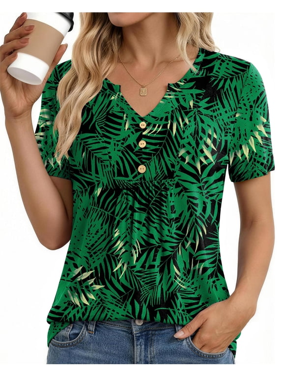 Womens Tunic Tops Casual Short Sleeve Shirts V Neck Button Pleated Blouses Floral Summer Tops
