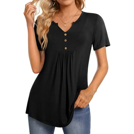Fantaslook Womens Tunic Tops Casual Short Sleeve Shirts V Neck Button Pleated Blouses Floral Summer Tops