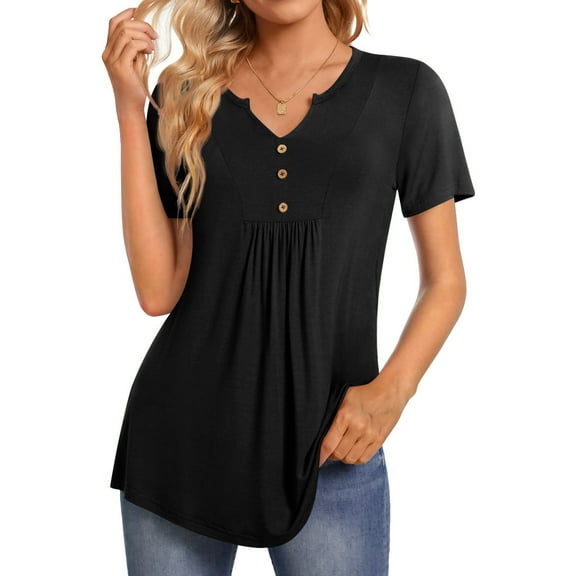 Fantaslook Womens Tunic Tops Casual Short Sleeve Shirts V Neck Button Pleated Blouses Floral Summer Tops