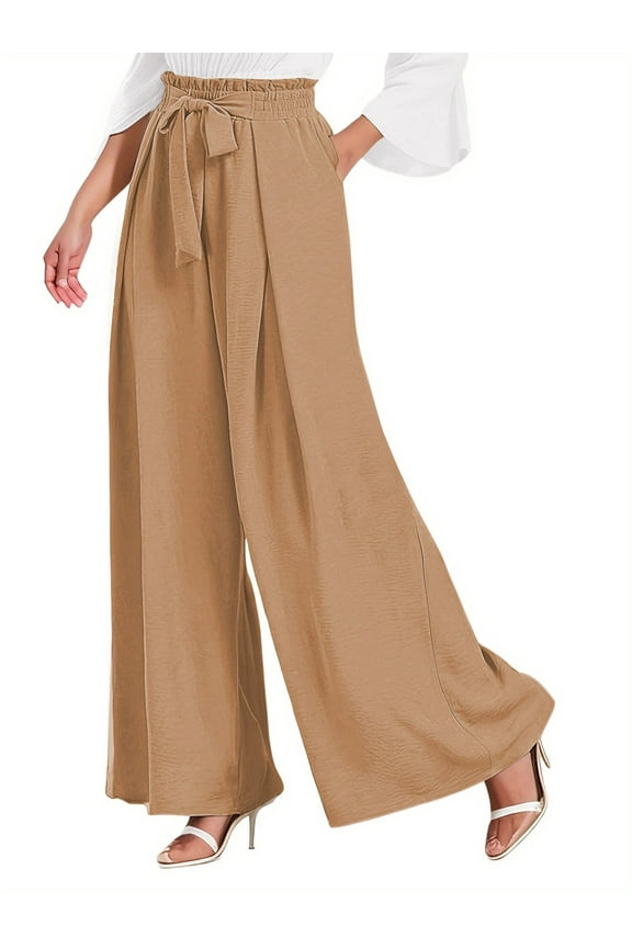 Womens Wide Leg Lounge Pants with Pockets High Waisted Adjustable Tie Knot Loose Casual Trousers Dress Work Pants